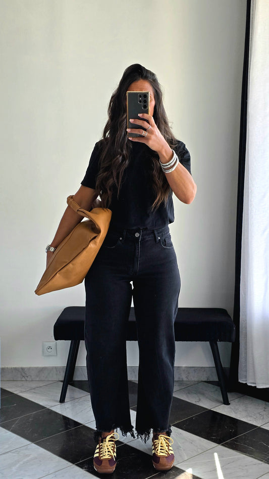 🖤 Jean Balloon Crop – Noir Effet Brut