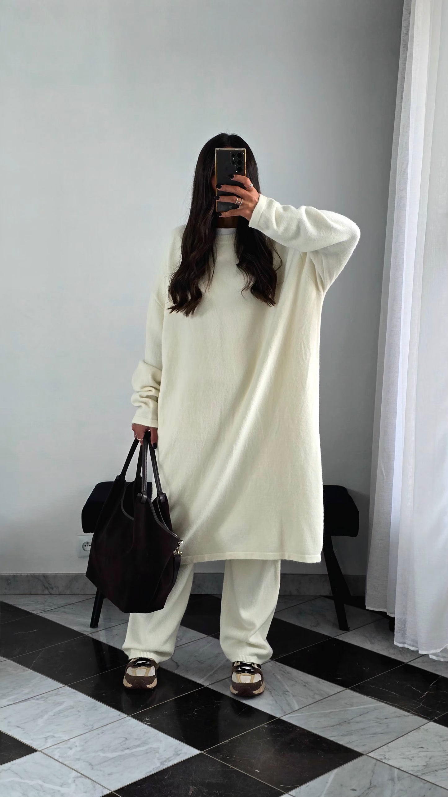 Ensemble Robe + Pantalon Maille Épaisse – Écru