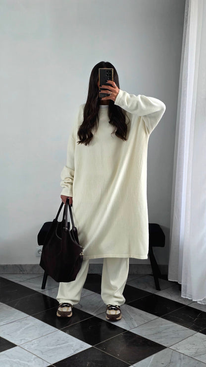 Ensemble Robe + Pantalon Maille Épaisse – Écru