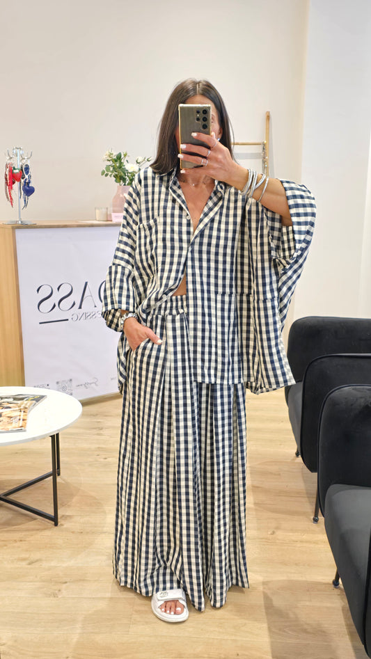 Ensemble large imprimé vichy – Bleu marine