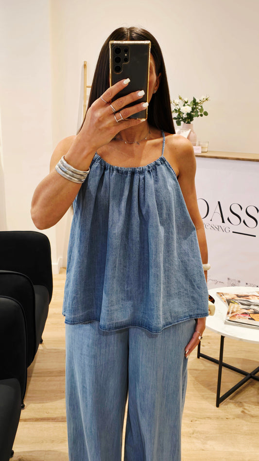 Top Aérien à Nouer – Bleu Denim Clair