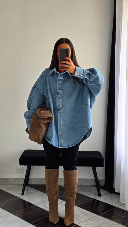 Veste Chemise Oversize en Denim Clair – Boutons Pression