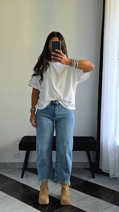 Jean Balloon Crop – Délavé Bleu Authentique