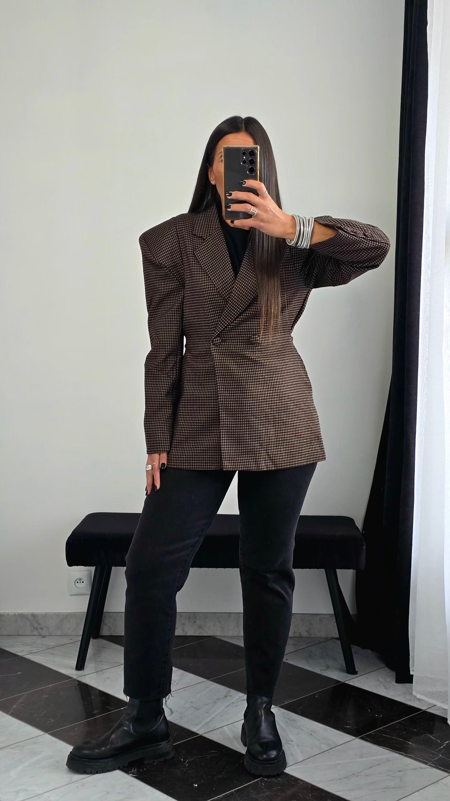 Blazer Structuré à Épaulettes – Imprimé Pied-de-Poule Chocolat