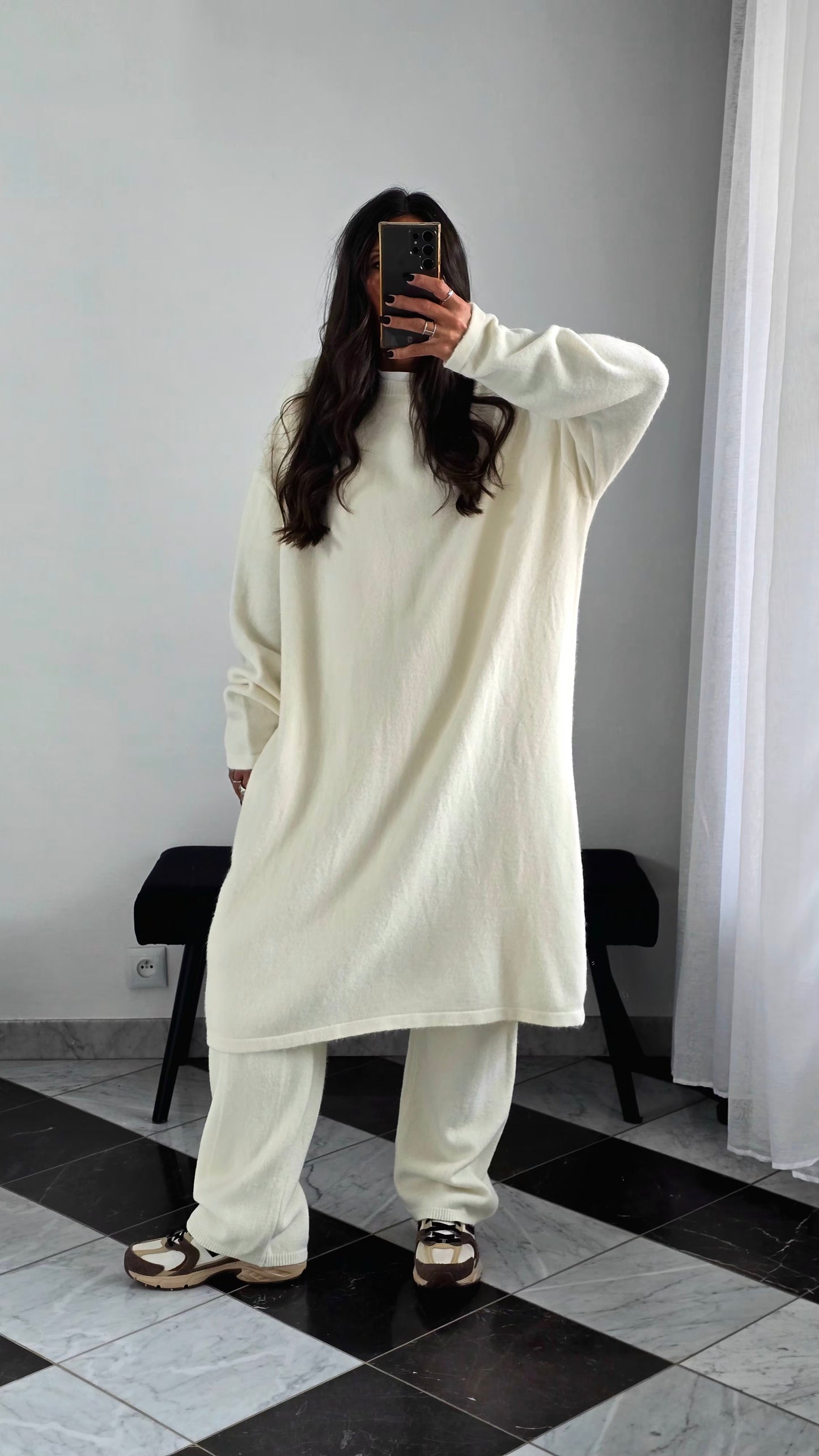 Ensemble Robe + Pantalon Maille Épaisse – Écru