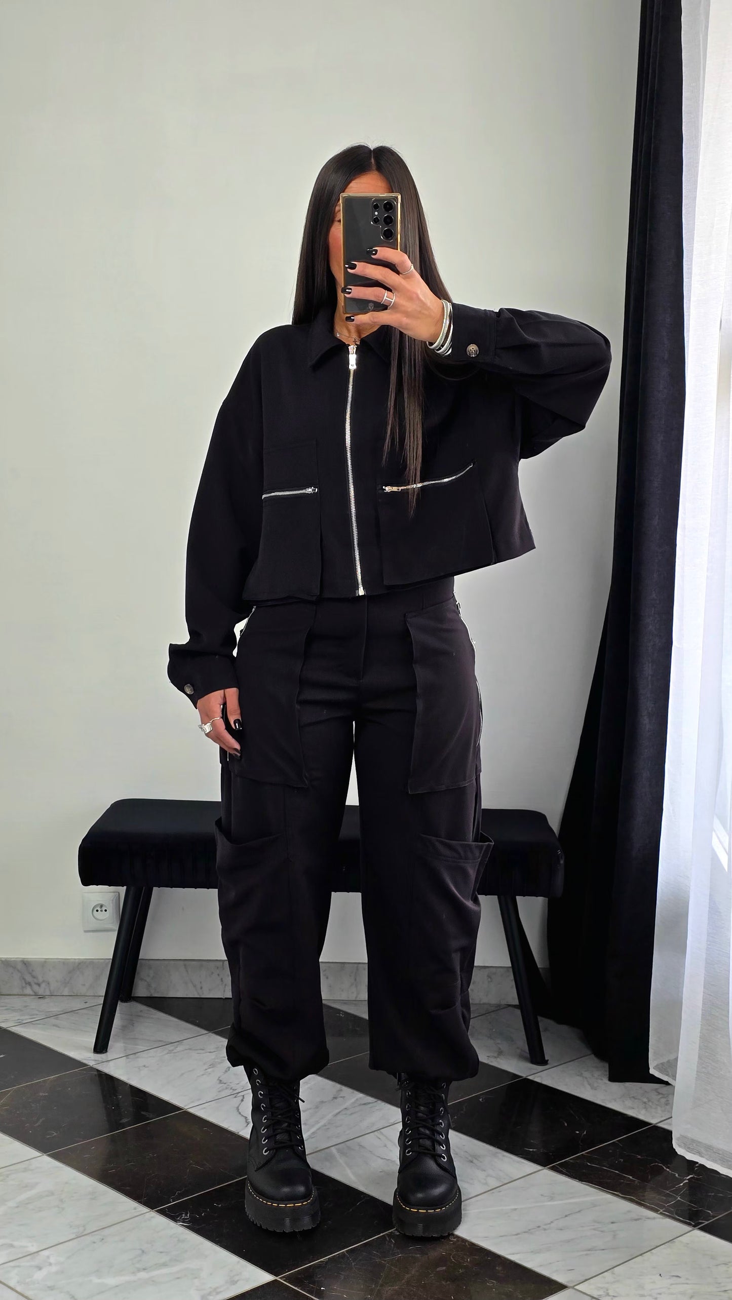 Pantalon Cargo Droit – Noir Zippé & Structuré