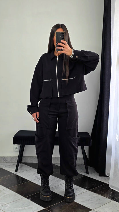Pantalon Cargo Droit – Noir Zippé & Structuré