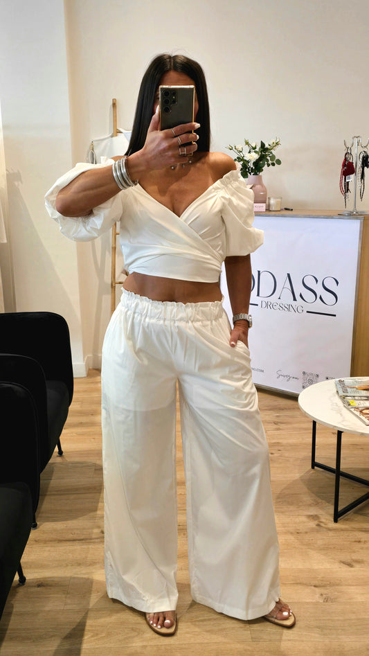 Ensemble 2 pièces coton blanc – Haut noué et pantalon large