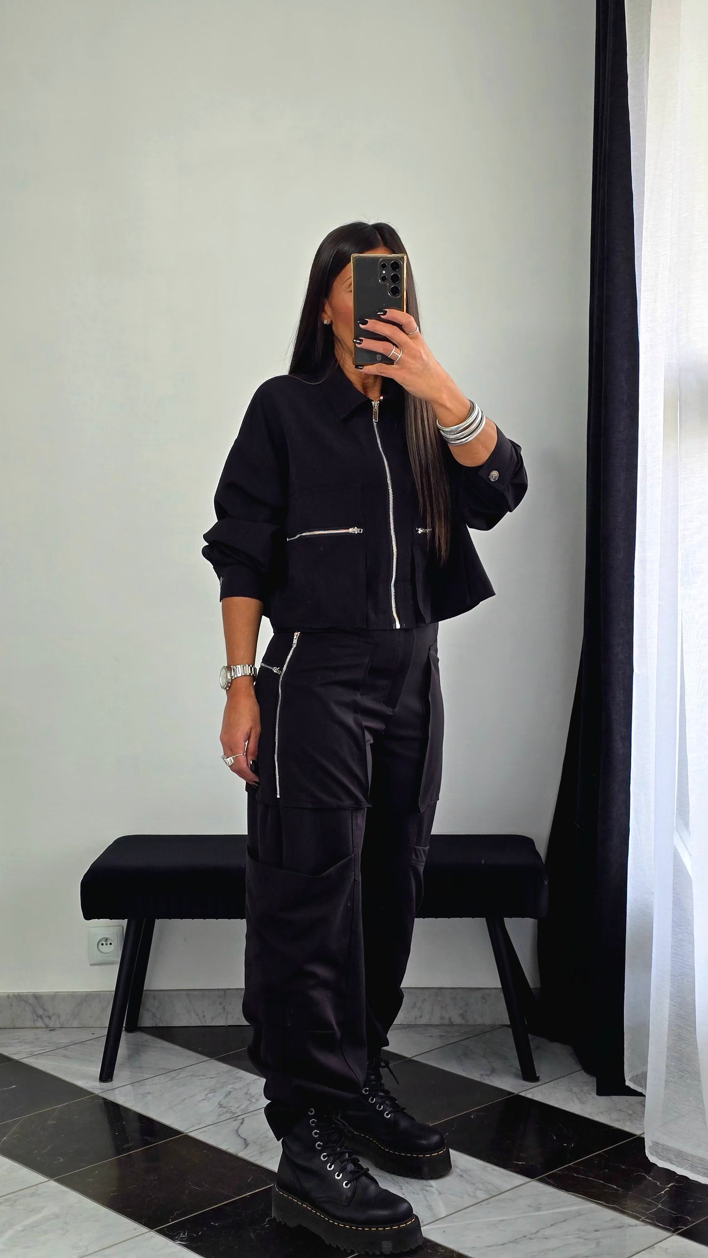 Veste Zippée Courte – Noir Coordonnée Cargo