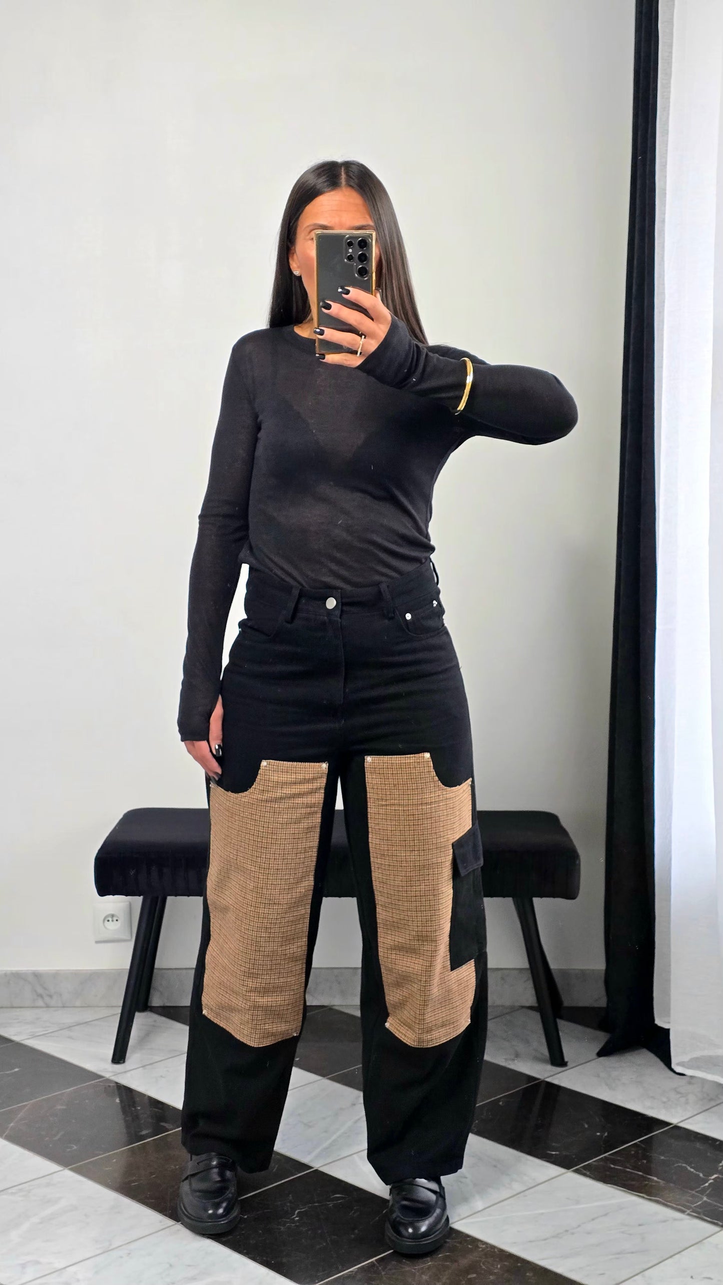 Jean Patchwork – Détails Pied-de-Poule & Coupe Large