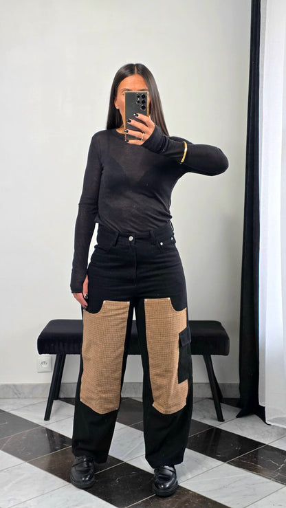 Jean Patchwork – Détails Pied-de-Poule & Coupe Large