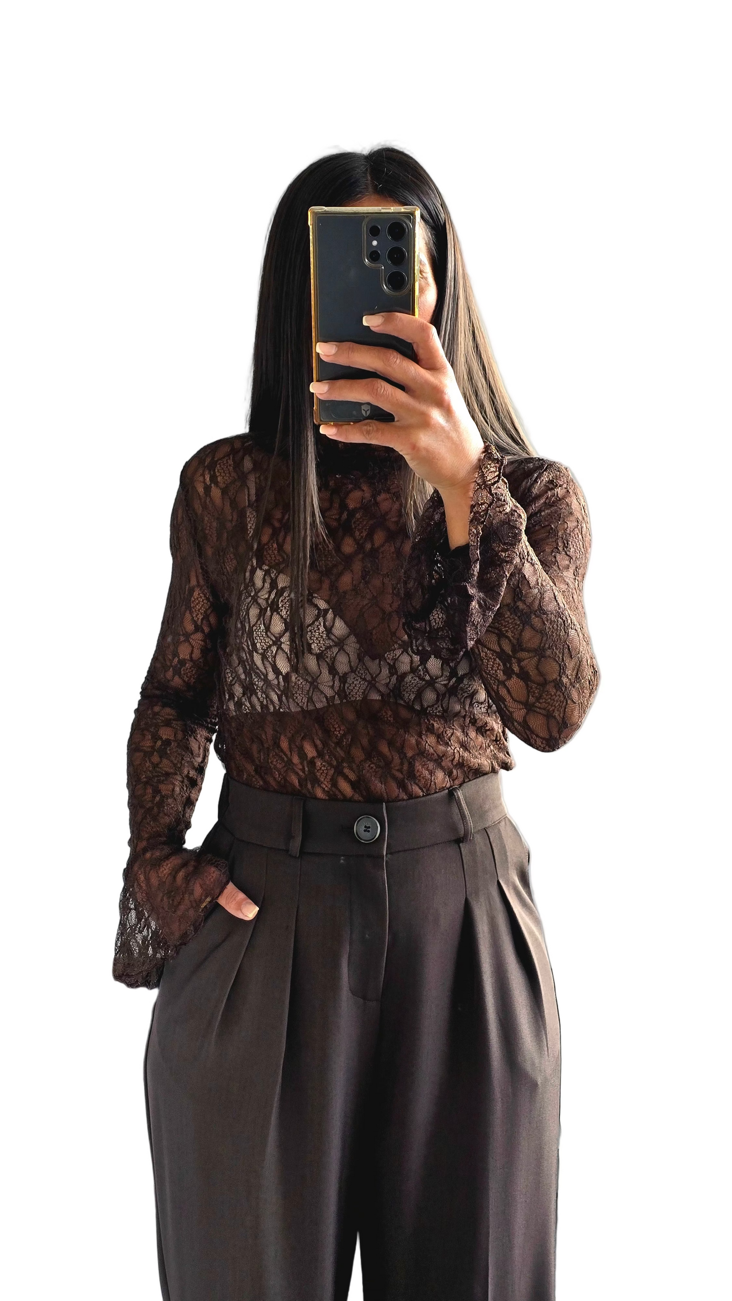 Haut en Dentelle à Col Cheminée – Chocolat Intense