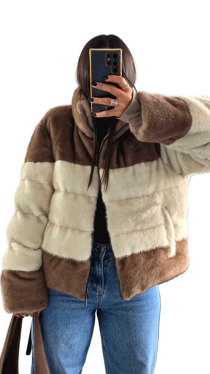 Manteau Effet Doudoune Bi-Color – Beige & Marron Clair