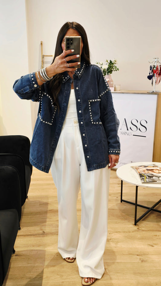 Chemise-veste en denim à clous argentés