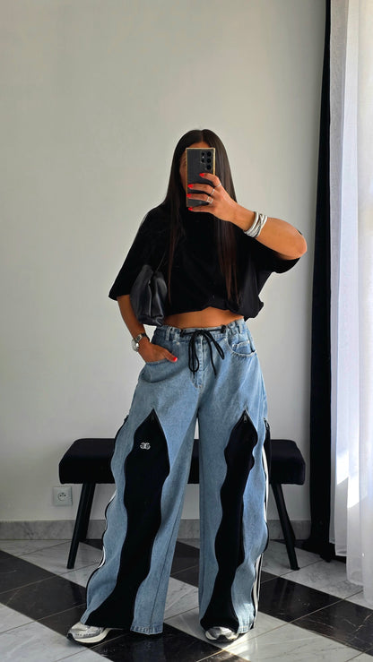 Jean wide premium à détails zippés – Bleu & Noir