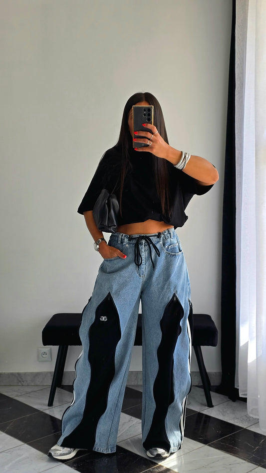 Jean wide premium à détails zippés – Bleu & Noir