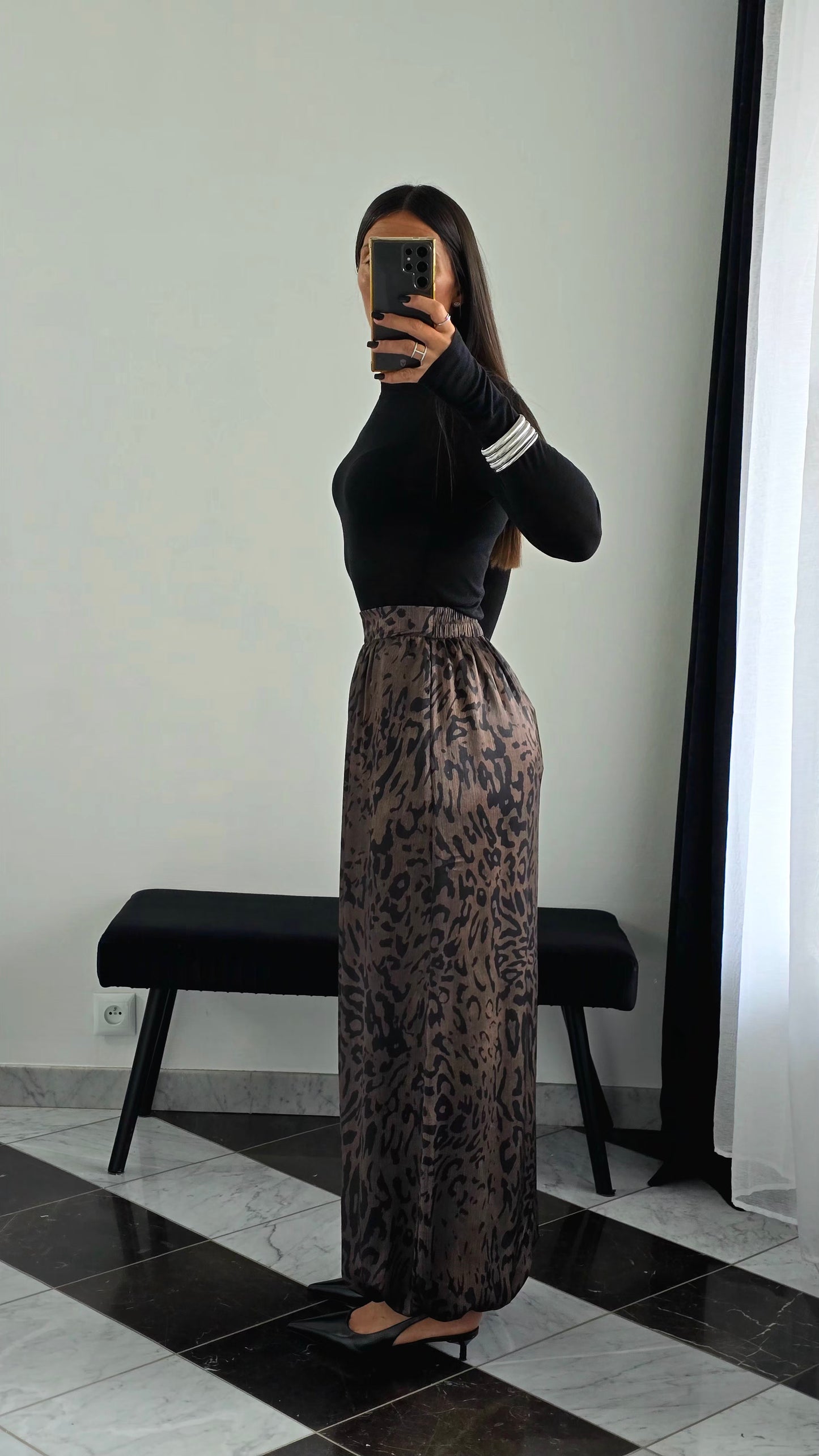 Pantalon Large Imprimé Kaki & Noir