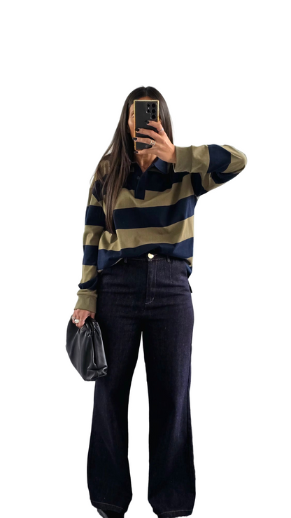 Polo Oversize Rayé – Kaki & Marine