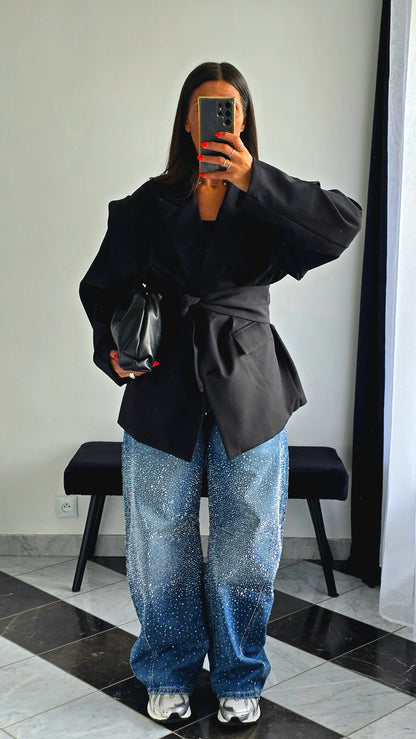 Veste Oversize Noire avec Ceinture
