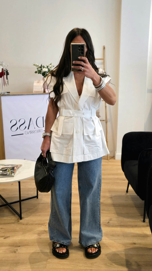 Veste Saharienne Sans Manches – Blanc Structuré