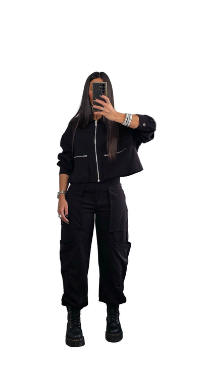 Pantalon Cargo Droit – Noir Zippé & Structuré