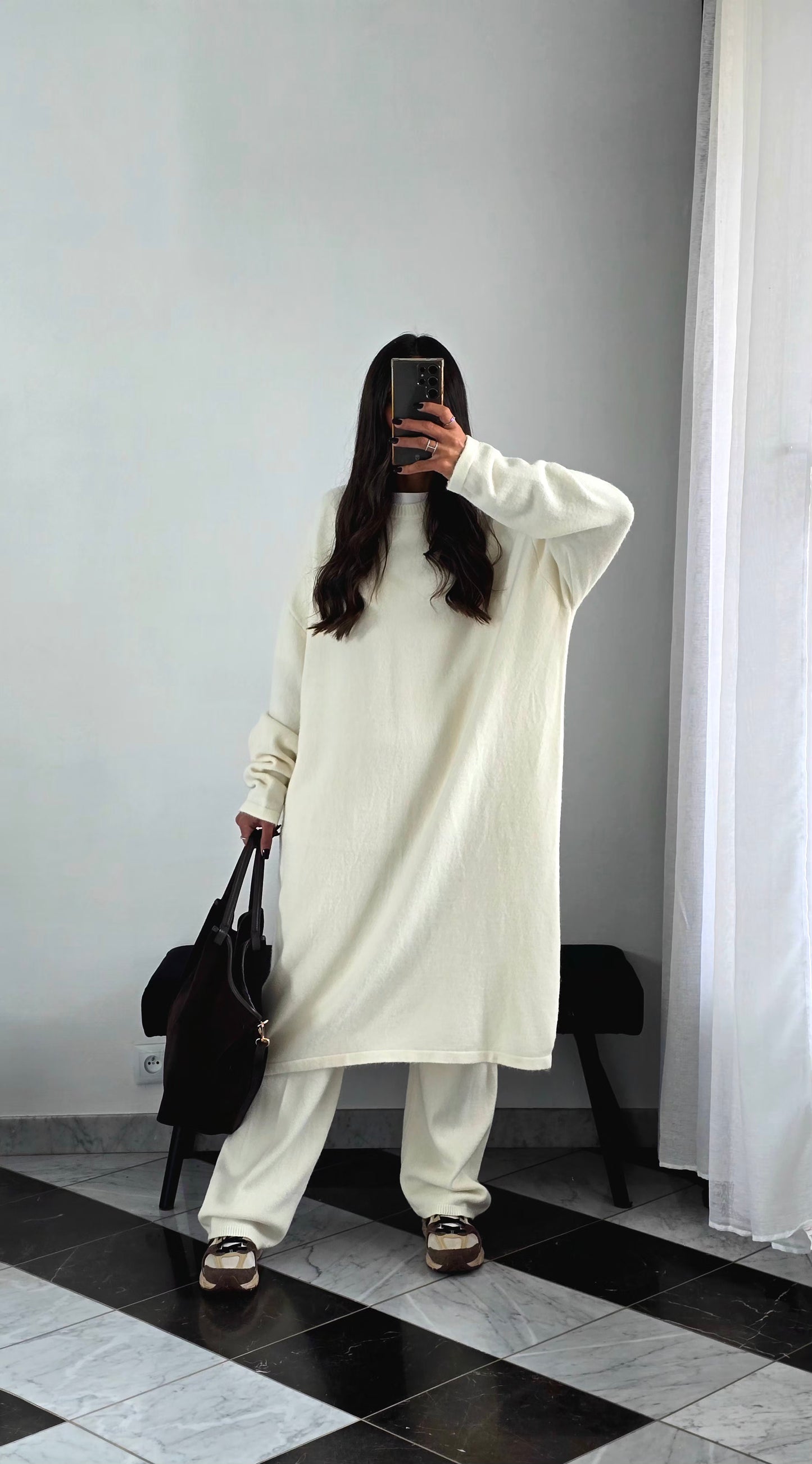 Ensemble Robe + Pantalon Maille Épaisse – Écru