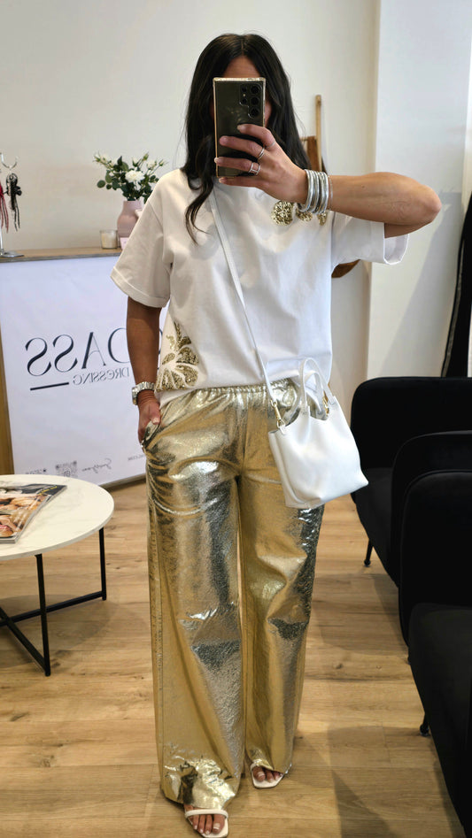 Pantalon Doré Coupe Large – Finition Métallisé