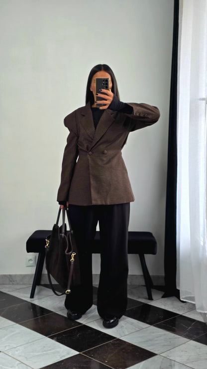 Blazer Structuré à Épaulettes – Imprimé Pied-de-Poule Chocolat