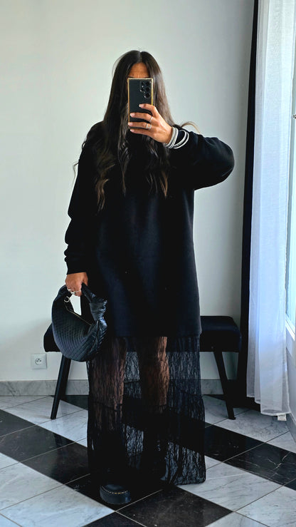 Robe sweat & dentelle noire – Élégance casual chic