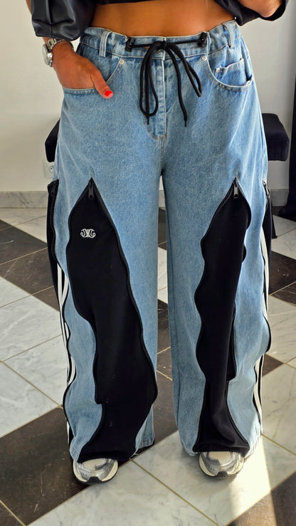Jean wide premium à détails zippés – Bleu & Noir