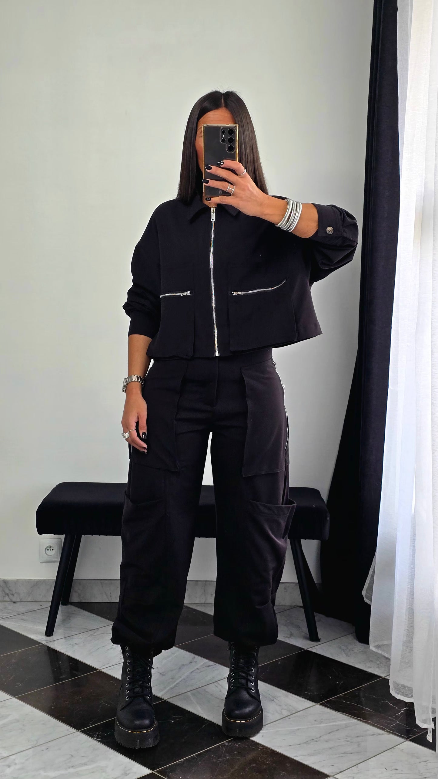 Veste Zippée Courte – Noir Coordonnée Cargo