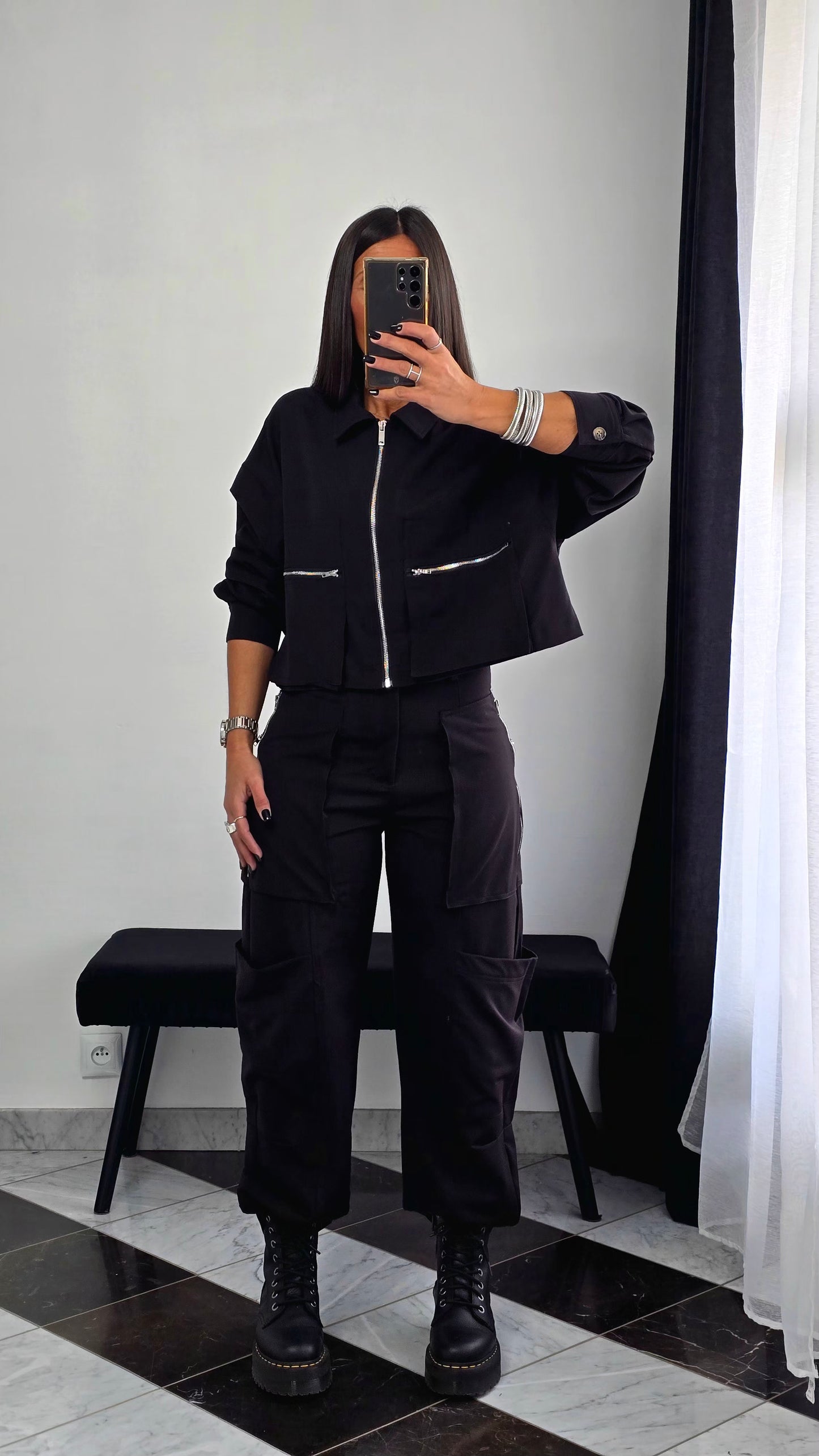 Pantalon Cargo Droit – Noir Zippé & Structuré