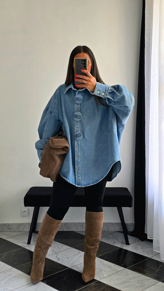 Veste Chemise Oversize en Denim Clair – Boutons Pression