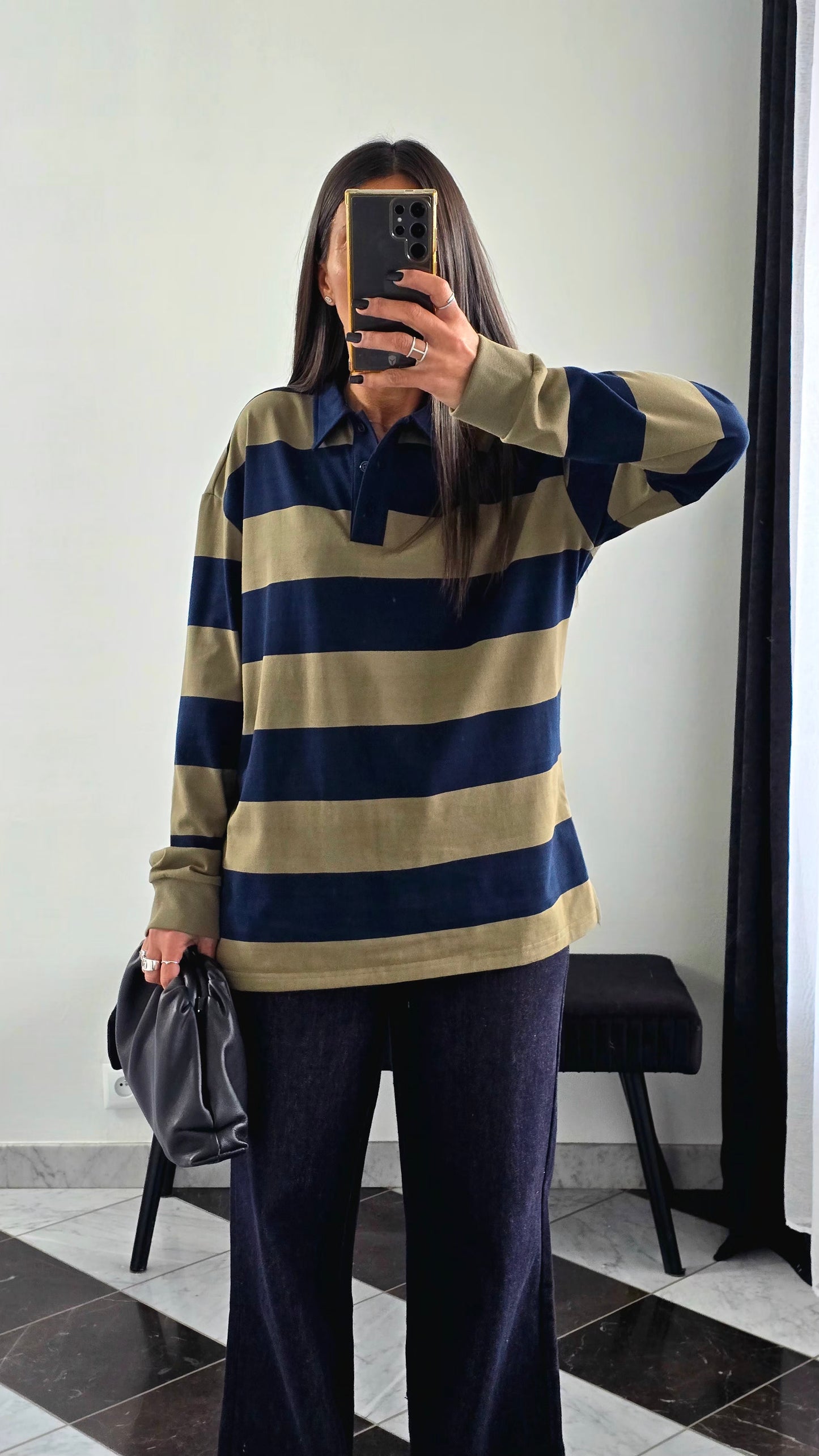 Polo Oversize Rayé – Kaki & Marine
