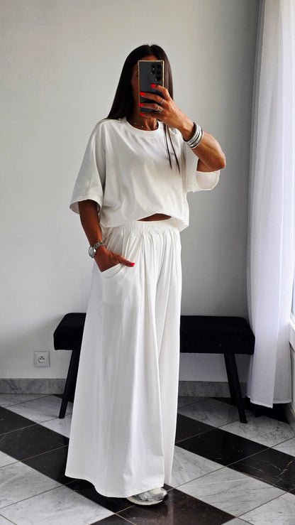 Pantalon large fluide en 100 % coton – Blanc cassé
