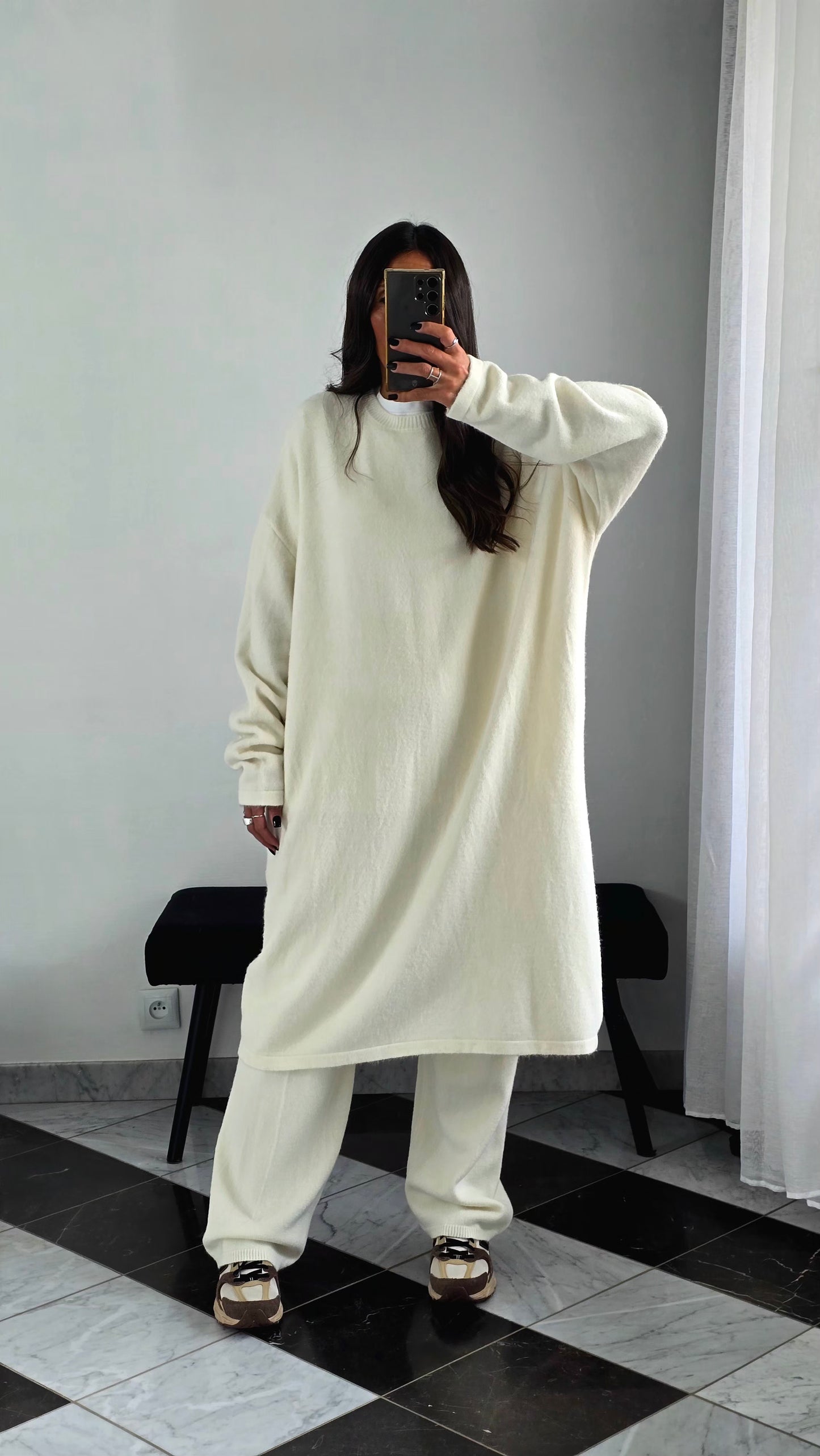 Ensemble Robe + Pantalon Maille Épaisse – Écru