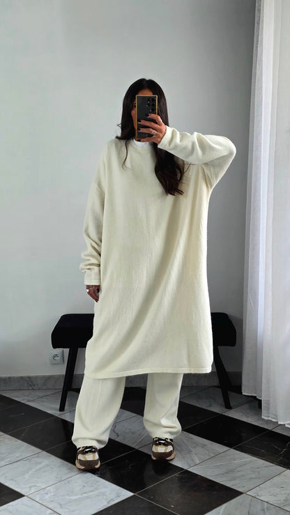 Ensemble Robe + Pantalon Maille Épaisse – Écru