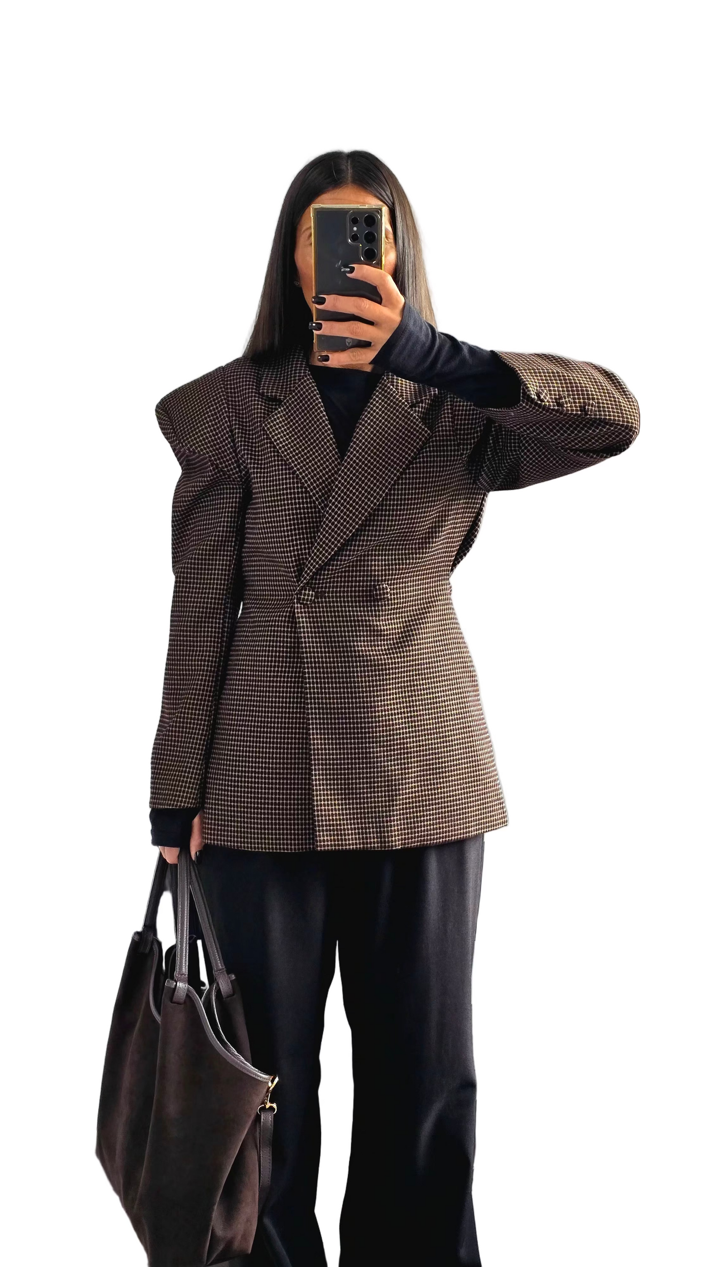 Blazer Structuré à Épaulettes – Imprimé Pied-de-Poule Chocolat