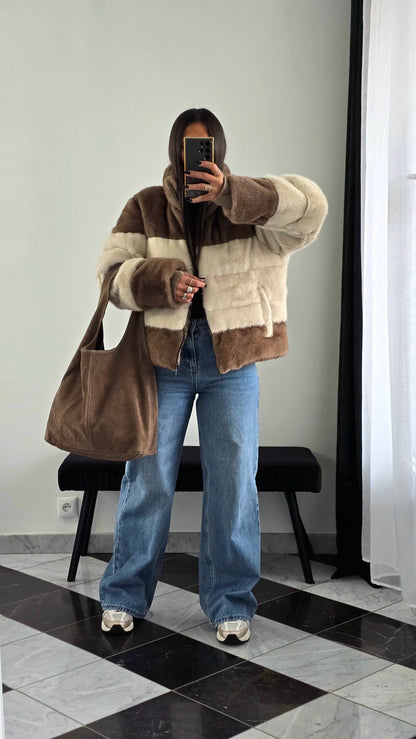 Manteau Effet Doudoune Bi-Color – Beige & Marron Clair