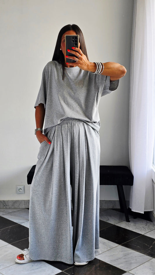 Pantalon large fluide en 100 % coton – Gris chiné