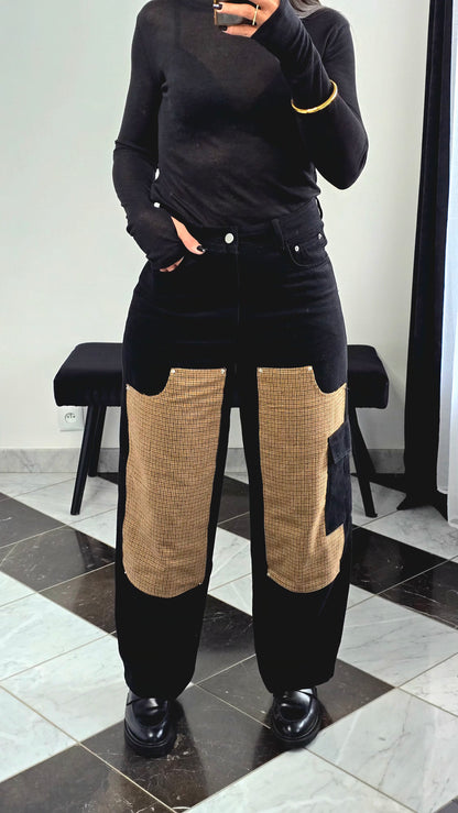 Jean Patchwork – Détails Pied-de-Poule & Coupe Large