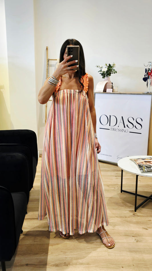 Robe longue multicolore à bretelles smockées