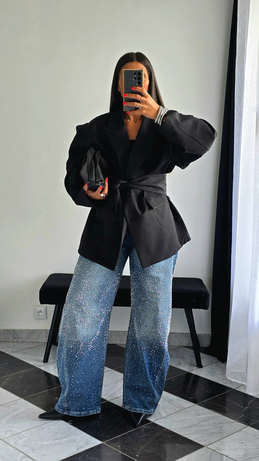 Veste Oversize Noire avec Ceinture