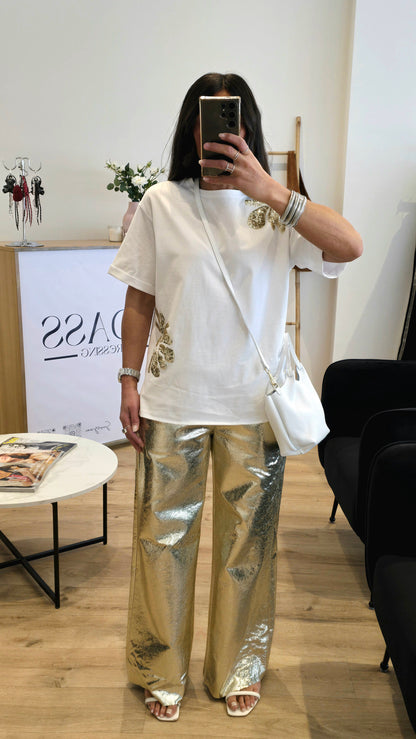 T-shirt Blanc 100% Coton Avec Patchs Sequins Dorés