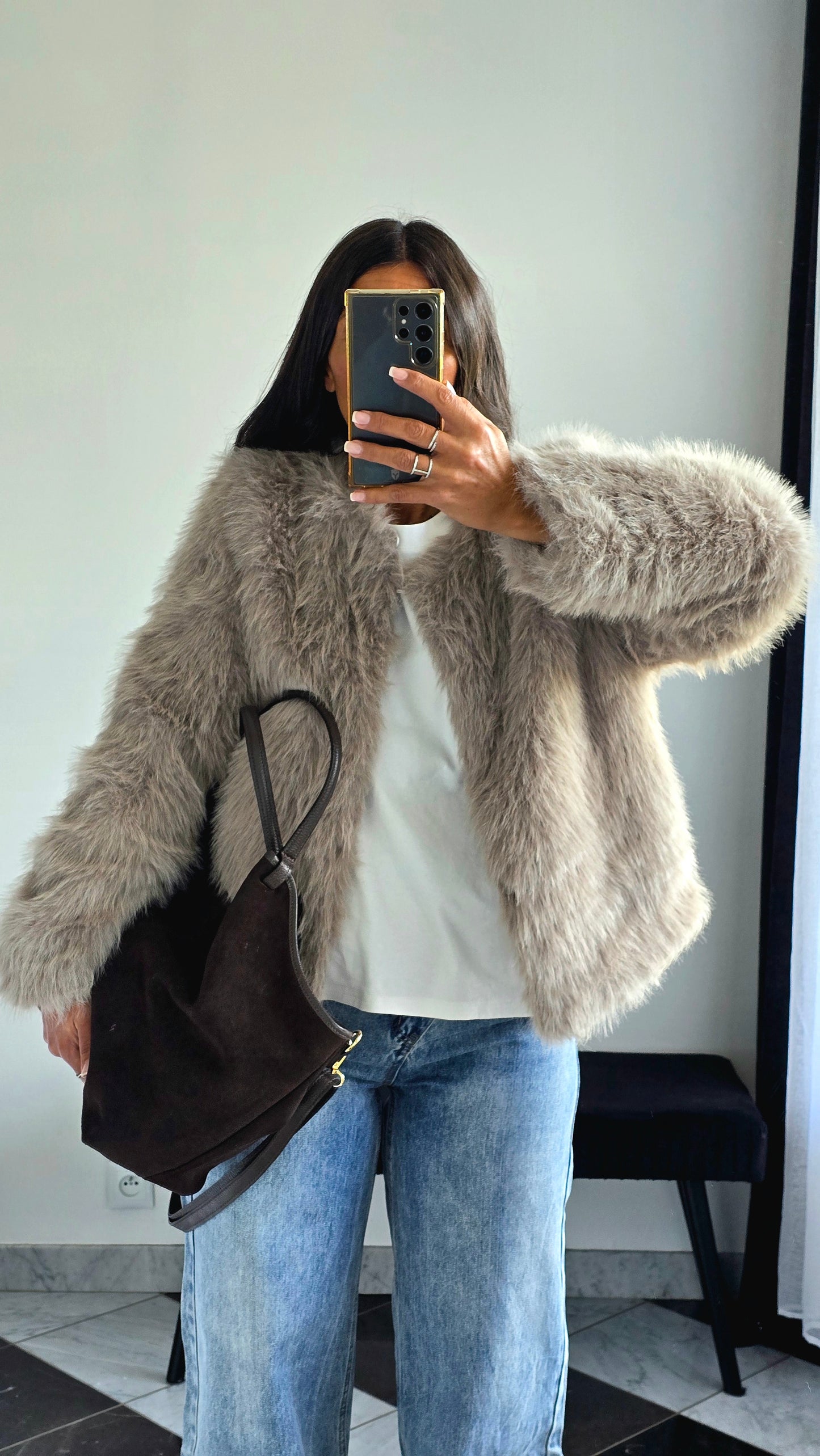 Veste Fausse Fourrure Taupe