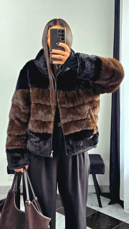 Manteau Effet Doudoune Bi-Color – Col Montant & Finition Luxe