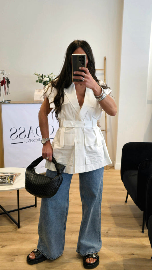 Veste Saharienne Sans Manches – Blanc Structuré