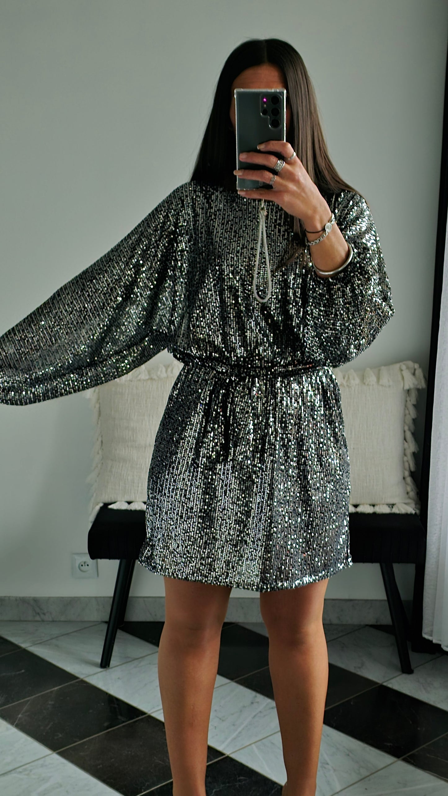 Robe Bianca Sequins Argentés