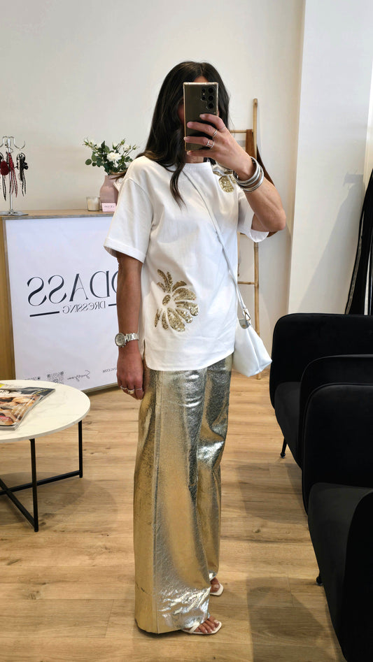 T-shirt Blanc 100% Coton Avec Patchs Sequins Dorés
