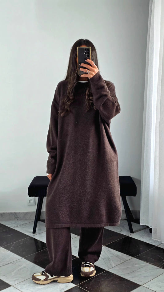 Ensemble Robe + Pantalon Maille Épaisse – Marron